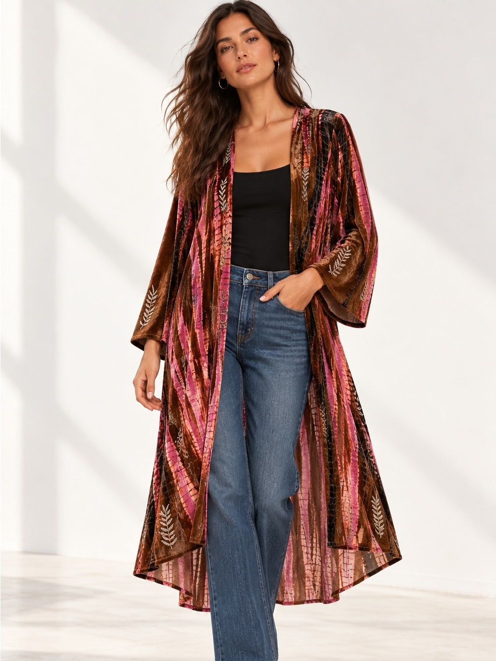 Lotta Stensson Velvet Tie Dye Embroidered Duster Kimono Jacket Sz Medium